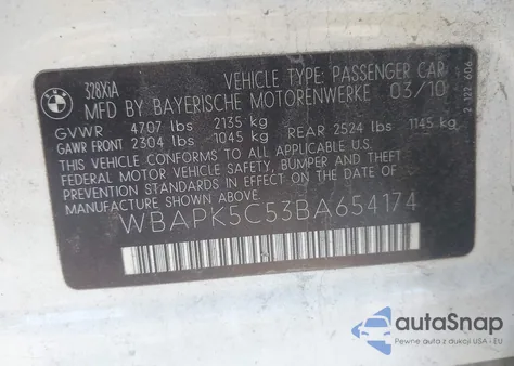 2011 BMW 328I xDrive из США, поврежденный, VIN WBAPK5C53BA654174